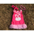 Free Shipping 2016 new design Easter dresses cottom hot pink bunny dress ruffles dress with matching necklace and headband set